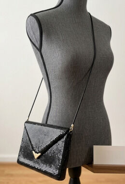 Vtg 1980s Black Metal Mesh Evening Bag Crossbody Envelope Clutch Purse